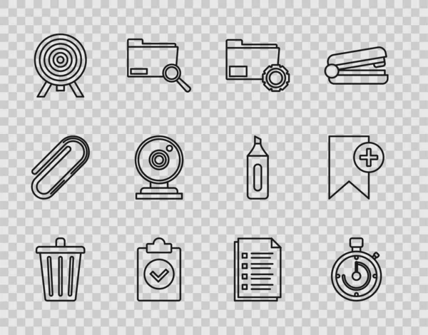 Set line Trash can, Briefcase, Folder settings with gears, Completed task, Target, Web camera, File document and Bookmark icon. Vector — Stock Vector