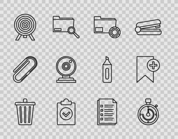 Set lijn Prullenbak, Briefcase, Map instellingen met versnellingen, Voltooide taak, Doel, Web camera, Bestand document en Bookmark pictogram. Vector — Stockvector