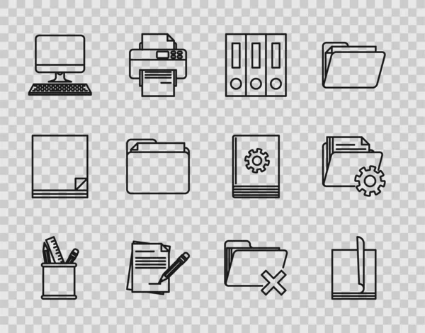 Set line Χαρτικά περίπτωση μολύβι, φακέλους γραφείου με χαρτιά και έγγραφα, κενό σημειωματάριο γόμα μολύβι, πληκτρολόγιο οθόνη υπολογιστή, Έγγραφο, Διαγραφή και τον φάκελο ρυθμίσεις εργαλεία εικονίδιο. Διάνυσμα — Διανυσματικό Αρχείο