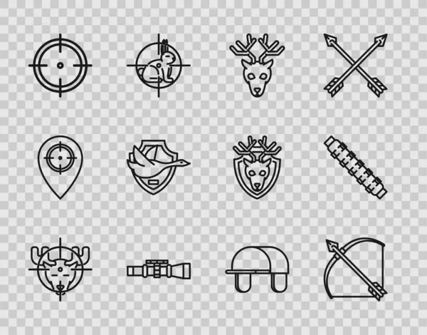 Set line Hunt on moose with crosshairs, Sniper optical sight, Target sport for shooting competition, Flying duck shield, Hunter hat and Hunting cartridge belt cartridges icon. Vector — Stock Vector