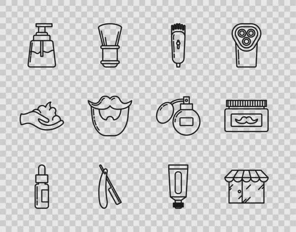 Set lijn Glazen fles met een pipet, Barbershop gebouw, Elektrische tondeuse of scheerapparaat, Straight scheermes, Aftershave, snor en baard, Cream lotion cosmetische buis en potje pictogram. Vector — Stockvector