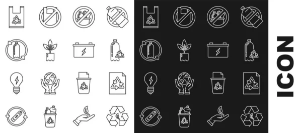 Ustaw linię Recykling symbol i liść, Papier z recyklingu, Recykling plastikowej butelki, Nie śmieci, Roślina, Plastikowa torba i ikona akumulatora samochodowego. Wektor — Wektor stockowy