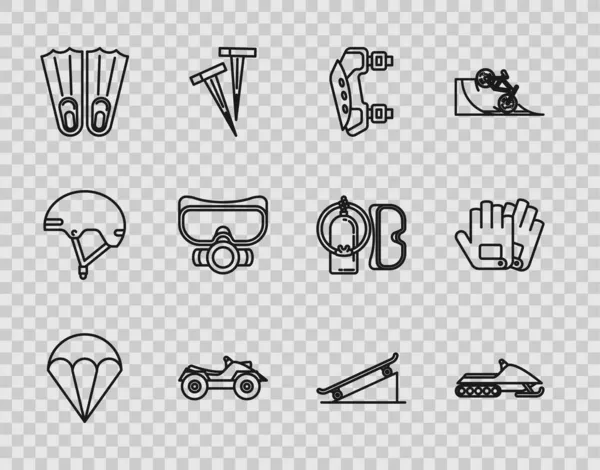 Set line Parachute, Snowmobile, Knee pads, All Terrain Vehicle or ATV motorcycle, Rubber flippers for swimming, Diving mask, Skateboard on street ramp and Gloves icon. Vector — Stock Vector