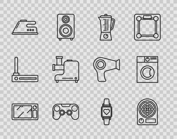 Set line Horno microondas, calentador eléctrico, licuadora, Gamepad, plancha, molinillo de carne de cocina, reloj inteligente que muestra el ritmo cardíaco y el icono de la lavadora. Vector — Vector de stock