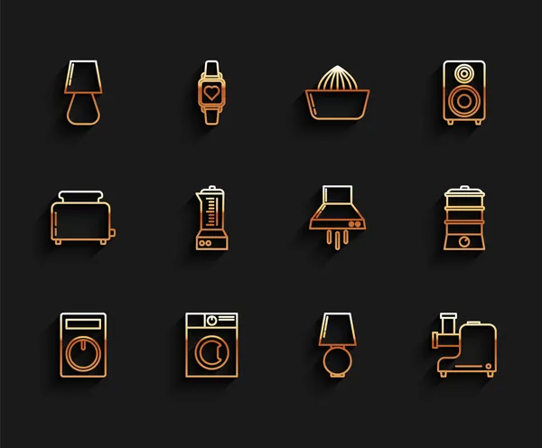 Set line Remote control, Washer, Table lamp, Kitchen meat grinder, Blender, Double boiler and extractor fan icon. Vector — Stock Vector