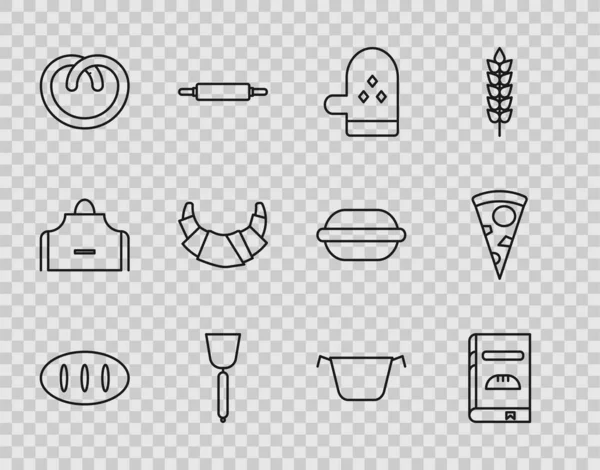 Set line Pan de pan, Libro de cocina, Guante del horno, Espátula, Pretzel, Croissant, olla de cocina y rebanada de pizza icono. Vector — Archivo Imágenes Vectoriales