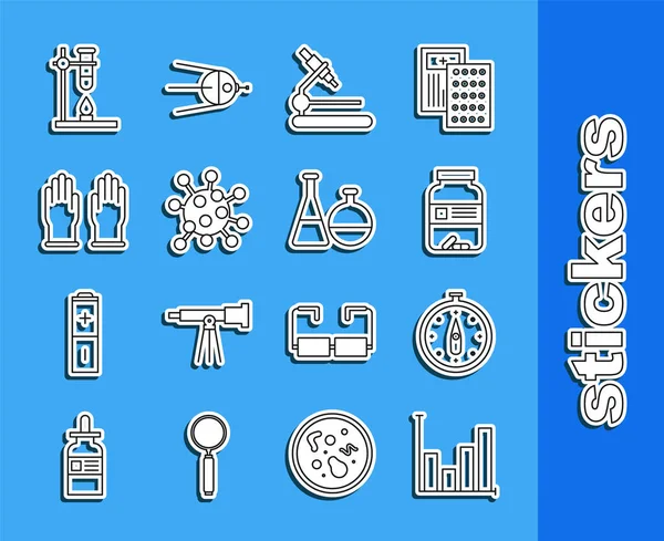 Set line Pie chart infographic, Compass, Medicine bottle and pills, Microscope, Bacteria, Rubber gloves, Glass test tube flask on fire heater and Test chemical laboratory icon. Vector — Stock Vector