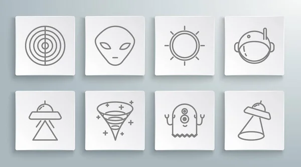 UFO 비행 우주선, 에일리언, 블랙홀, 태양, 우주비행사 헬멧 과 지구 구조 아이콘을 설정 합니다. Vector — 스톡 벡터