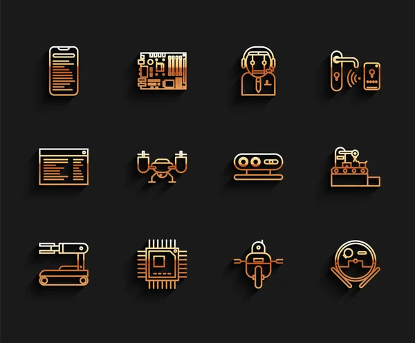 Set line Robot, procesador con CPU de microcircuitos, interfaz de api de computadora, aspiradora, cámara de acción voladora Drone, cinta transportadora de fábrica e icono de escaneo 3D. Vector — Archivo Imágenes Vectoriales