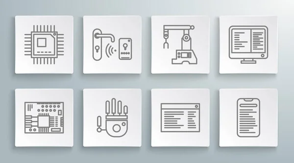 Set line Printed circuit board PCB, Mechanische robot hand, Software, web developer programmeercode, Computer api interface, Assembly line, monitor scherm en Processor microcircuits CPU icoon. Vector — Stockvector