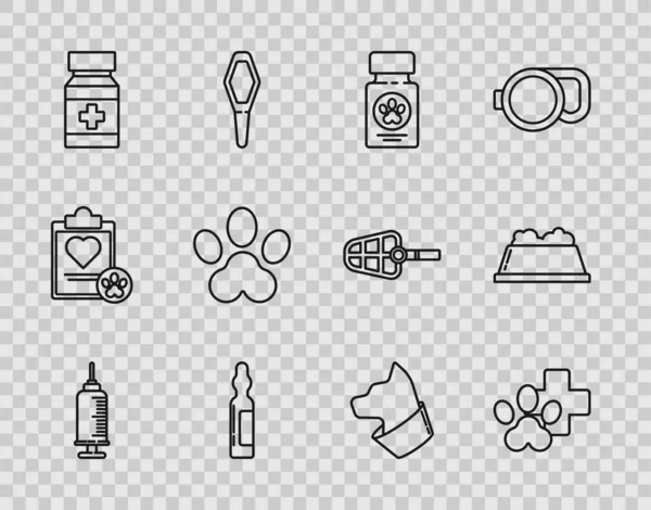 Set line Syringe with pet vaccine, Veterinary clinic symbol, Dog medicine bottle and pills, Pets vial medical, Paw print, Cat and food bowl icon. Vector — Stock Vector