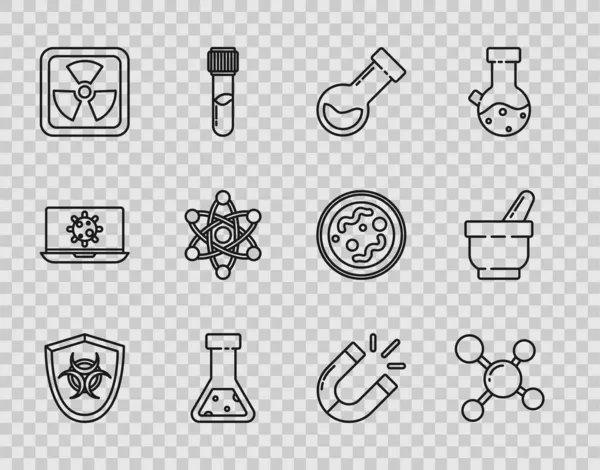 Встановити символ Biohazard на щиті, Молекулі, тестовій трубці і колбі хімічних, радіоактивних, атомних, магнітних і пергаментних іконах. Вектор — стоковий вектор