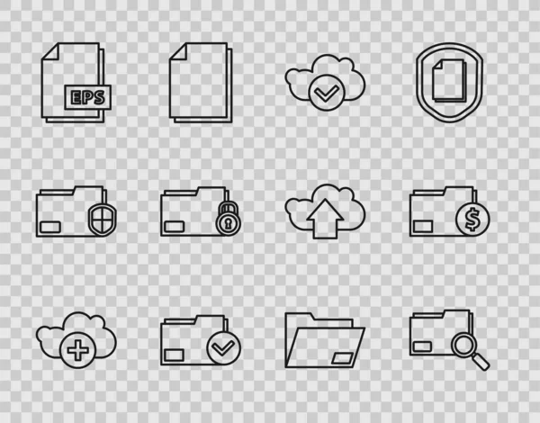Définir la ligne Ajouter nuage, Concept de recherche avec dossier, Cochez Cloud, Document et, Document de fichier EPS, Verrouillage de dossier, et icône Finance. Vecteur — Image vectorielle