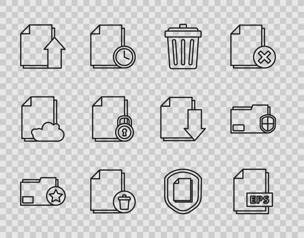 Stel lijn Document map met ster, EPS-bestand document, prullenbak, Verwijderen, Uploaden en vergrendelen, bescherming concept en pictogram. Vector — Stockvector