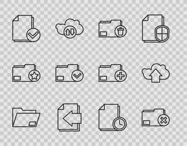 Zeilenordner, Löschen, Pfeil auf der nächsten Seite und Häkchen setzen, mit Uhr und Cloud-Upload-Symbol. Vektor — Stockvektor