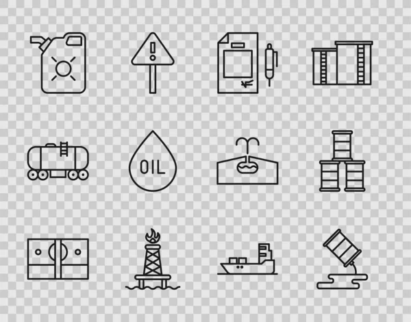 Set line Stacks paper money cash, Barrel oil leak, Contract and pen, Oil rig with fire, Canister for motor, drop, tanker ship and icon. Vector — Stock Vector