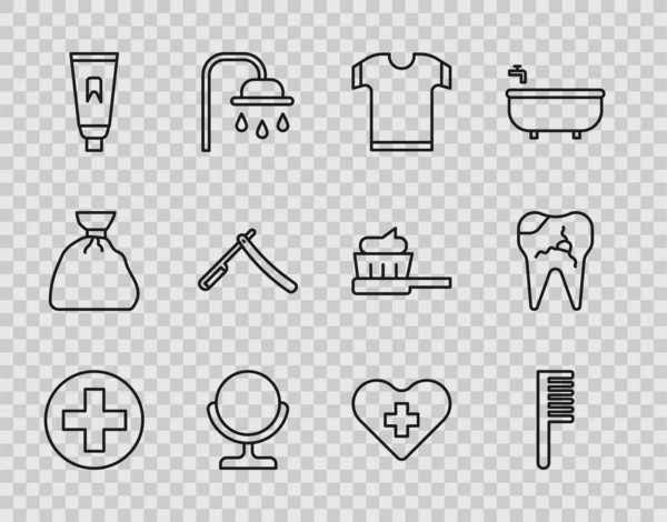 Ställ in linje Cross sjukhus medicinsk, Hårborste, T-shirt, Rund makeup spegel, Tube of tandkräm, Rak rakhyvel, Hjärta med kors och bruten ikon. Vektor — Stock vektor