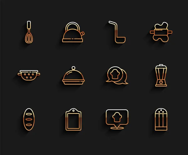 Set line Bread loaf, Cutting board, Kitchen whisk, Chef hat with location, Salt, Covered tray of food, Blender and speech bubble icon. Вектор — стоковый вектор