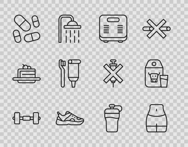 Set line Dumbbell, Women waist, Bathroom scales, Sport sneakers, Vitamin pill, Toothbrush and toothpaste, Fitness shaker and Paper package for milk icon. Vector — Stock Vector
