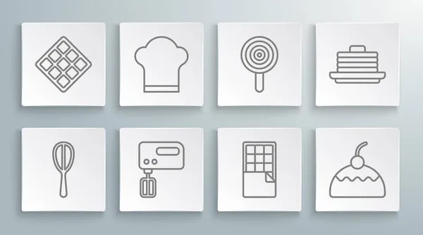 Set Küchenbesen, Kochmütze, Elektromixer, Schokoriegel, Kuchen, Lutscher, Stapel von Pfannkuchen und Waffel-Symbol. Vektor — Stockvektor