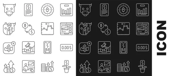 Setzen Sie Linie Dollar Anlage, Null Kosten, Trading Courses, Bitcoin, Kryptowährungsbörse, Bulle und Bär der Börse und Browser mit Wachstumsdiagramm-Symbol. Vektor — Stockvektor