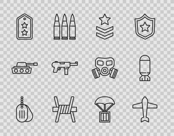 Set line Military dog tag, jet fighter, rank, Stacheldraht, Maschinenpistole M3, Airdrop box und Aviation bomb icon. Vektor — Stockvektor