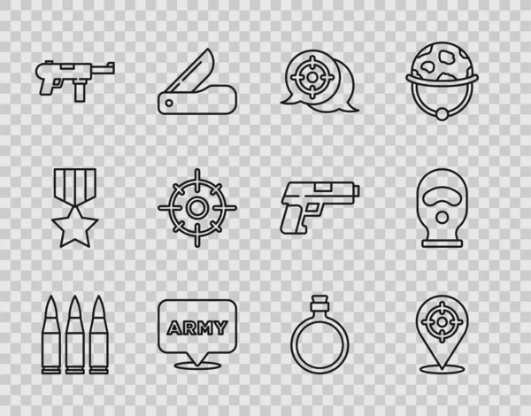 Set Line Bullet, Target Sport, Militär Armee, Maschinenpistole M3, Kantine Wasserflasche und Sturmhaube Symbol. Vektor — Stockvektor