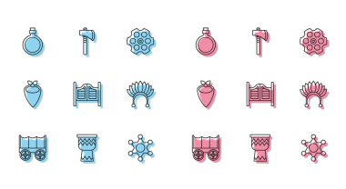 Vahşi batı vagonu, Drum, kantin su şişesi, Hexagram şerifi, bar kapısı, tüylü Hint başlığı, kovboy bandanası ve Tomahawk balta ikonu. Vektör