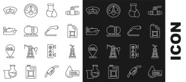 Yağ bırakma, sondaj, motor yağı tüpü, benzin test tüpü, tank deposu, tanker gemisi, motor gazı göstergesi ve elektrik kablosu şarj ikonu için ayarlayın. Vektör