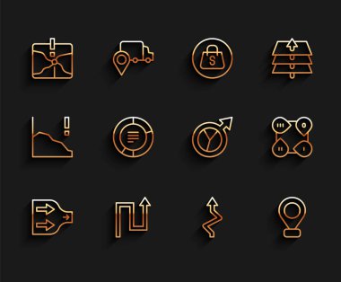 Satır Arrow, Kesişme Noktası, Konum, Pasta grafiği bilgileri, Infographic ögesi ve Finansal büyüme simgesini ayarla. Vektör