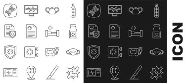 Eklem ağrısı, diz ağrısı, tıbbi koruyucu maske, ilaç şişesi ve haplar, hasta kaydı, DNA sembolü ve hastane yatak ikonu. Vektör