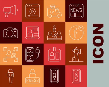 Satır Bilgileri, Anten, Hesap Oluştur, TV Haberleri, Dünya Haberleri, Fotoğraf Makinesi, Megafon ve Röportaj simgesi. Vektör