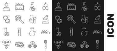 Hat test tüpü, CO2 emisyonları bulut, mikroskop, toksik sıvı, mikroorganizmalar büyüteç, molekül, alkol ruh yakıcı ve ikon altında. Vektör