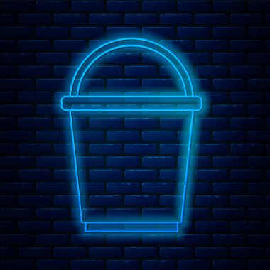 Parlayan neon hattı Bucket simgesi tuğla duvar arka planında izole edildi. Vektör