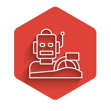 Beyaz çizgili robot insansı robot uzun gölgeli bir araba ikonu kullanıyor. Yapay zeka, makine öğrenme, bulut hesaplama. Kırmızı altıgen düğmesi. Vektör