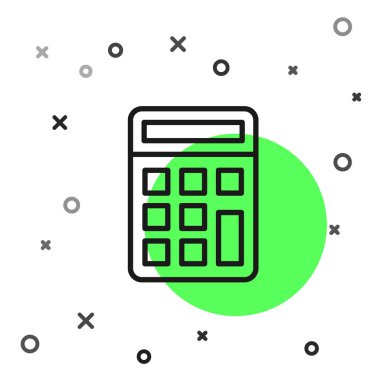 Siyah çizgi hesap makinesi simgesi beyaz arkaplanda izole edildi. Muhasebe sembolü. İş hesaplamaları matematik eğitimi ve finans. Vektör