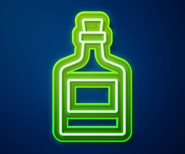 Parlayan neon hattı Alkol içeceği mavi arka planda izole edilmiş rom şişesi ikonu. Vektör