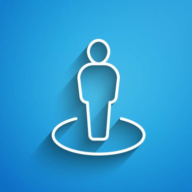 Mavi arkaplanda izole edilmiş bir insan simgesinin silueti olan beyaz çizgi haritası. GPS konum sembolü. Uzun gölge. Vektör