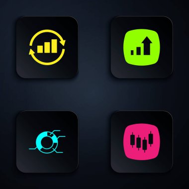 Browser 'ı hisse senedi piyasası, grafik grafiği bilgileri, turta ve finansal büyüme ile ayarla. Siyah kare düğme. Vektör