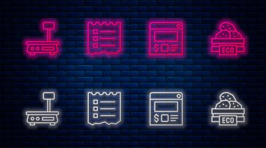 Satın alma listesi, online sipariş ve teslimat, elektronik ölçekler ve meyveler için ahşap kutu. Tuğla duvarda parlayan neon simgesi. Vektör