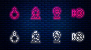Kuyumcu, mücevher, pırlanta nişan yüzüğü ve... Tuğla duvarda parlayan neon simgesi. Vektör