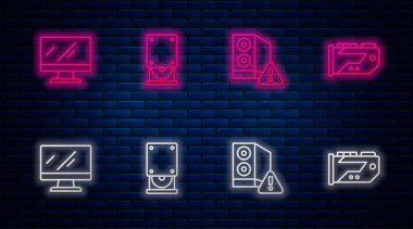 Satır Optik disk sürücüsü, Bilgisayar Kutusu, Bilgisayar monitörü ekranı ve Video grafik kartı ayarla. Tuğla duvarda parlayan neon simgesi. Vektör