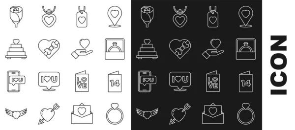 Set line Trouwringen, Wenskaart, Diamanten verloving, Hart tag, Snoep hartvormige doos, taart met, Bloem roos en hand pictogram. Vector — Stockvector