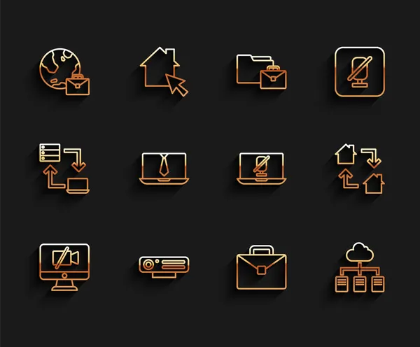 Definir linha Câmera de vídeo Desligado no computador, Web, Trabalho on-line, Maleta, conferência de bate-papo, e ícone de laptop microfone mudo. Vetor —  Vetores de Stock