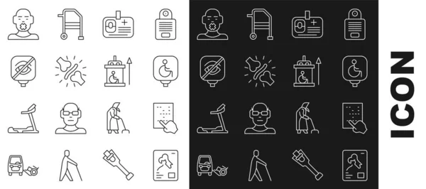 Set line X-ray shots, Braille, Disabled wheelchair, Identification badge, Joint pain, knee pain, Blindness, Head of deaf and dumb and Elevator for disabled icon. Vector — Διανυσματικό Αρχείο