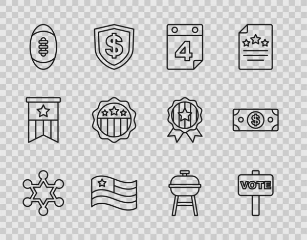 Set line Hexagram sheriff, Vote, Calendar with date July 4, American flag, Football ball, USA Independence day, Barbecue grill and Stacks paper money cash icon. Vector — Stock Vector