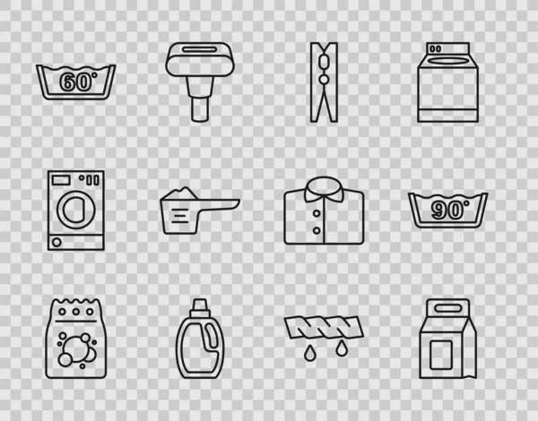 Set Wäschewaschmittel, Wäscheklammer, Flasche für Reinigungsmittel, Temperaturwäsche, Waschpulver, Wäsche ausdrücken und Symbol. Vektor — Stockvektor