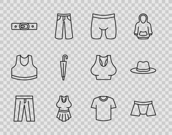 Set line Pants, Men underpants, Cycling shorts, Undershirt, Belt, Umbrella, T-shirt and Man hat icon. Vector — Stock Vector