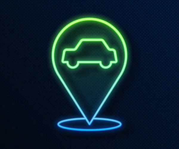 Glowing neon line Location with car service icon isolated on blue background. Auto mechanic service. Repair service auto mechanic. Vector — Stock Vector