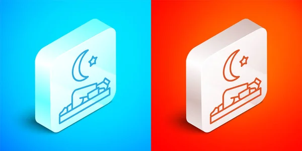 Isometric line Muslim man prays on the carpet icon isolated on blue and red background. Silver square button. Vector — Stock Vector